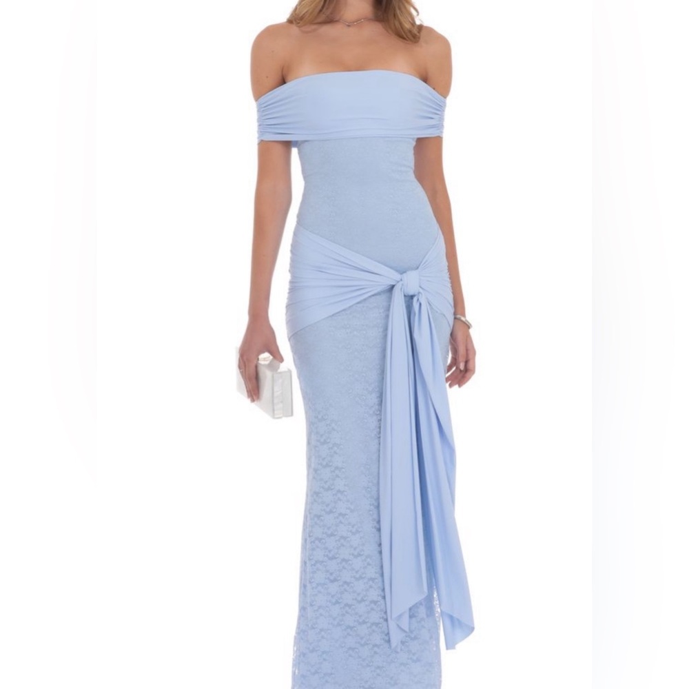 Lucy in the Sky Powder Blue Off the Shoulder Lace Gown with Side Knot